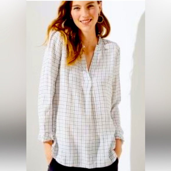 Women’s LOFT White, Grey, Silver Checked Plaid Button Down Shirt Size XS NWT - Picture 1 of 8